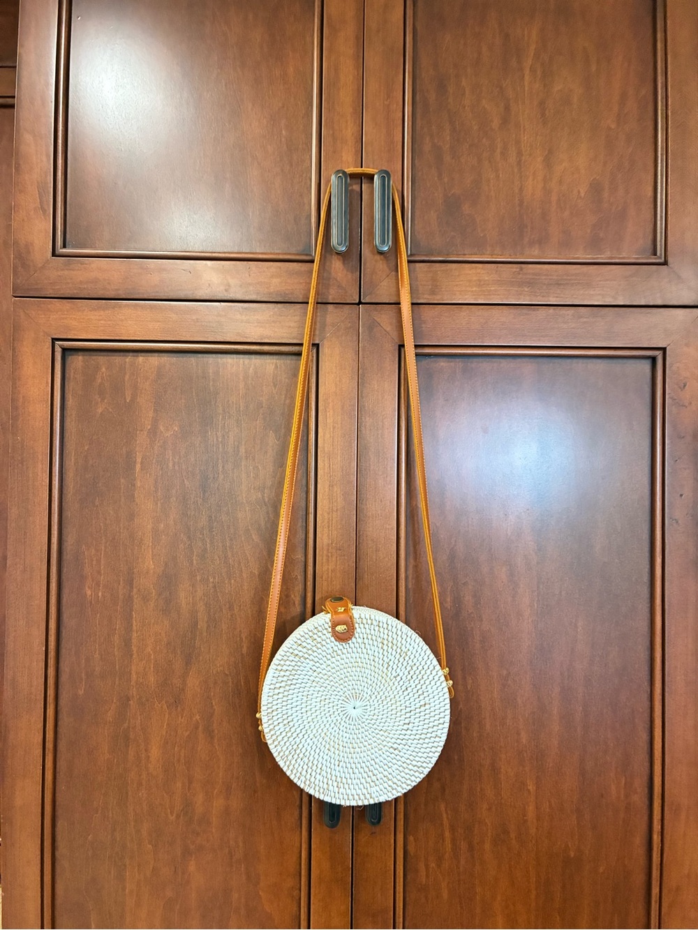 Round Woven Rattan Crossbody Bag White Tan Boho Bali Straw Purse